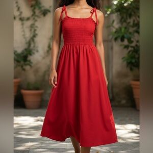 H&M Divided Red Smocked Midi Tie Strap Sleeveless Sundress Small 100% cotton